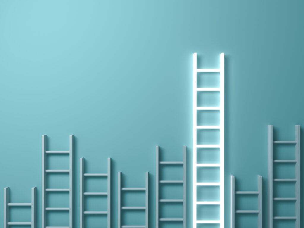 Stand out from the crowd and different ladders on light green background with shadows to represent the idea of seeking compensation in the legal process with legal representation help 